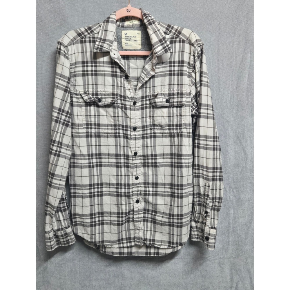 American Eagle Outfitters Men Athletic Fit Plaid Flannel Shirt Grey White M No77
